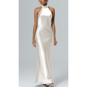 FORMAL AW BRIDAL 4 S Champagne Mugwort halter bridesmaid maxi dress NEW B144